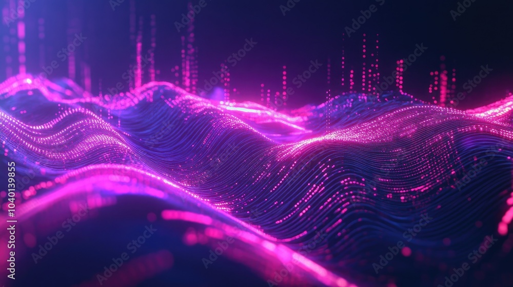 Poster futuristic digital waveforms glowing with neon light, representing tech processes