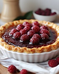 A delicious raspberry pie topped with fresh raspberries and glossy glaze.