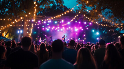 A concert with a crowd of people watching the stage. The stage is lit up with purple lights and the crowd is enjoying the show