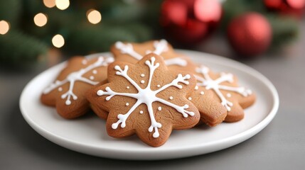 Festive gingerbread snowflake cookies on a holiday plate