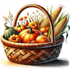 A basket filled with harvest vegetables.