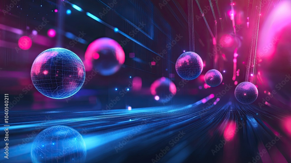 Aufkleber futuristic neon patterns with floating orbs on a dark tech process background