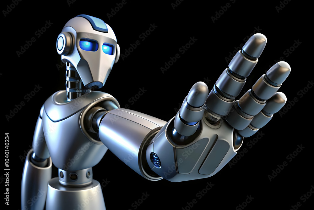 Aufkleber glossy robot hand pointing forward on black background, symbolizing ai directing business operations
