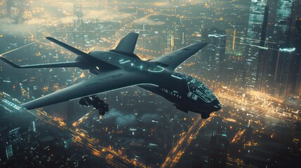Naklejka premium Futuristic Stealth Jet Flying Over High-Tech City at Night – Advanced Cyberwarfare Aircraft
