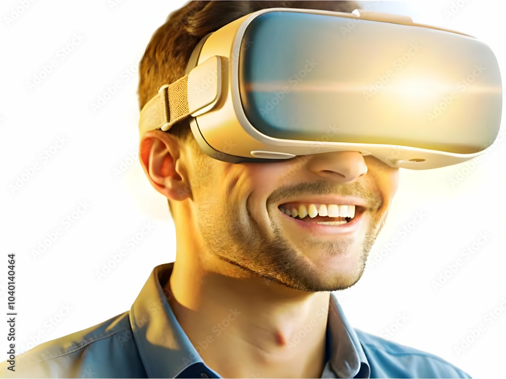 Poster close up of smiling employee immersed in vr headset in office | macro shot showcasing enjoyment & en