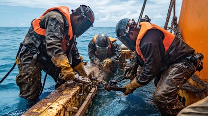 Obraz premium Welding teams in Uganda, Peru, and Indonesia facing challenges of low-visibility water while working on critical underwater repairs