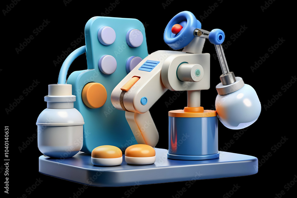 Poster robotic arm administering medication to patient in medical setting abstract image with bokeh backgro