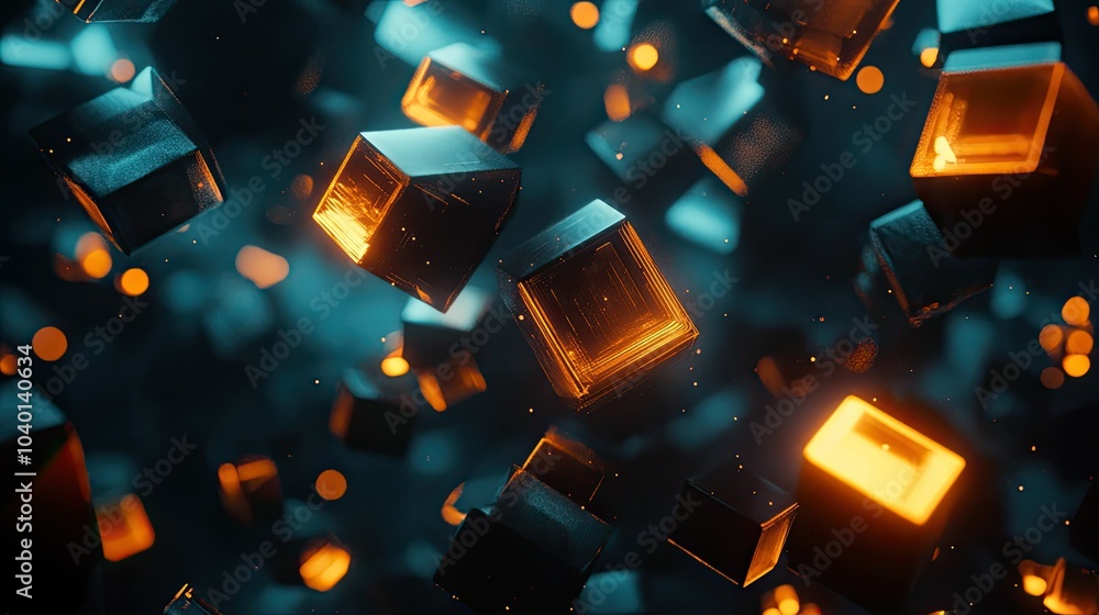 Poster glowing abstract polygonal shapes floating on a dark tech process background