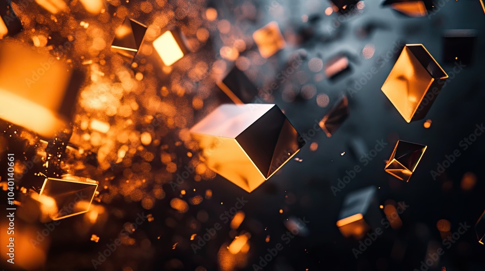 Poster glowing abstract polygonal shapes floating on a dark tech process background