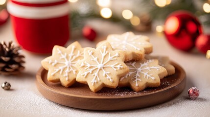 Festive snowflake cookies on a wooden platter