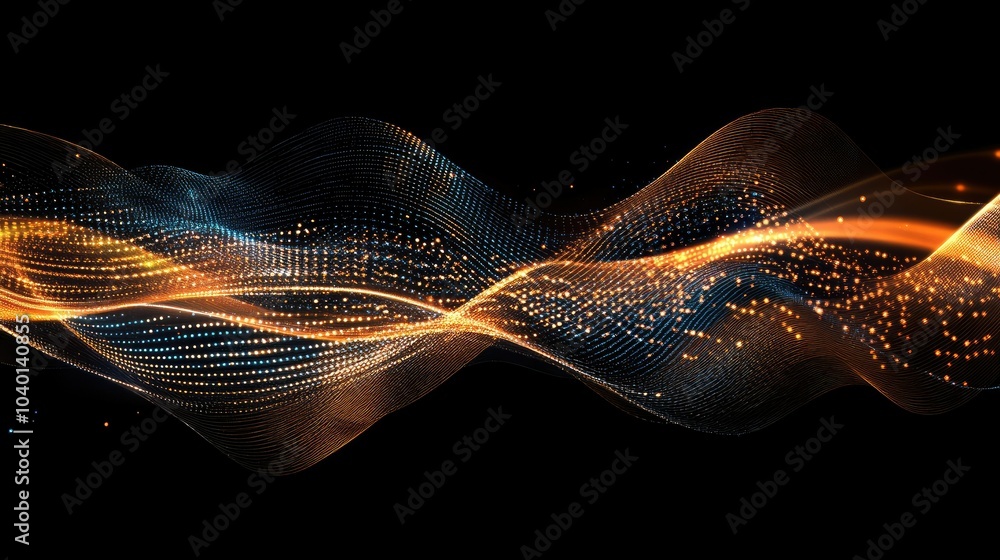 Poster glowing abstract waveforms with digital nodes, representing tech processes in motion