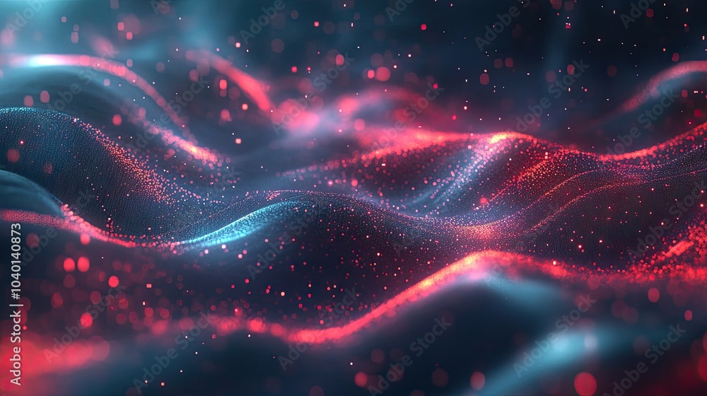Poster glowing abstract waveforms with digital nodes, representing tech processes in motion