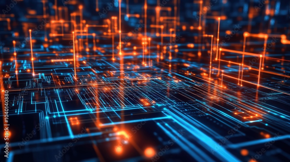 Poster glowing circuitry design with neon patterns floating on a digital tech process backdrop