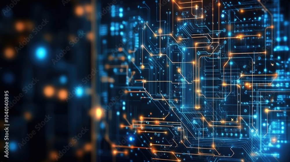 Poster glowing circuitry design with neon patterns floating on a digital tech process backdrop