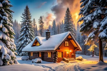 Fototapeta premium A Charming Log Cabin in a Snowy Forest, Glowing Under the Vibrant Colors of a Sunset Sky.