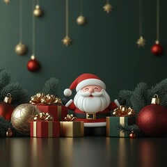 Obraz premium 3D Cheerful Santa Surrounded by Presents and Ornaments