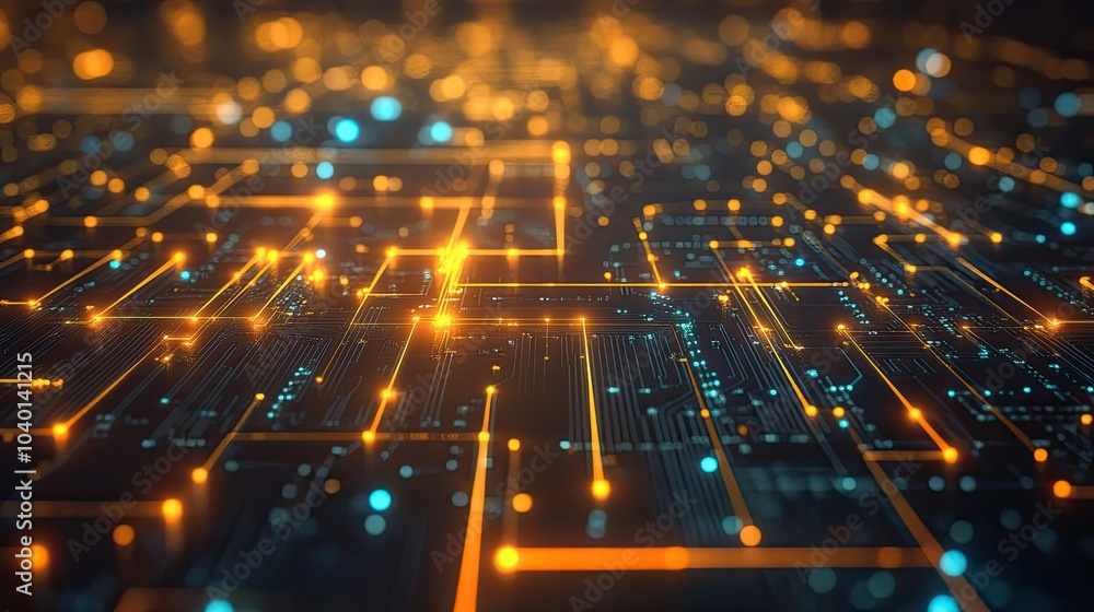 Poster glowing circuitry pattern with dynamic digital waves on a modern tech process background