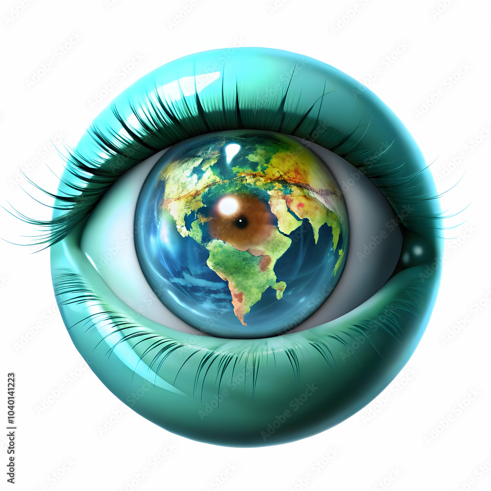Poster close up human eye reflecting digital world map macro image capturing human eye with digital world m