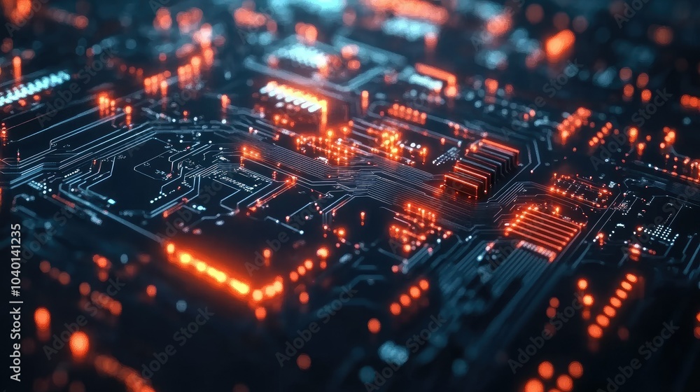 Poster glowing circuitry pattern with dynamic digital waves on a modern tech process background