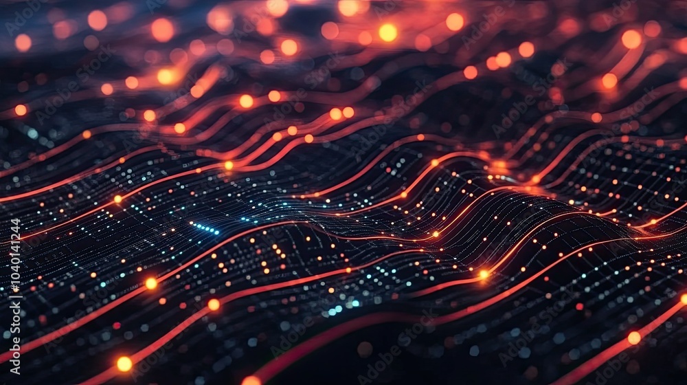 Poster glowing circuitry pattern with dynamic digital waves on a modern tech process background