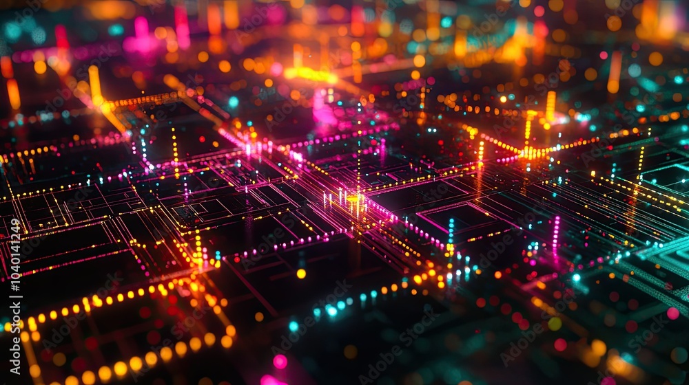 Poster glowing data nodes interconnected by neon light streams, floating on a tech background