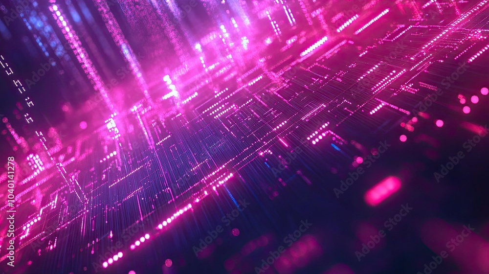 Poster glowing data nodes interconnected by neon light streams, floating on a tech background