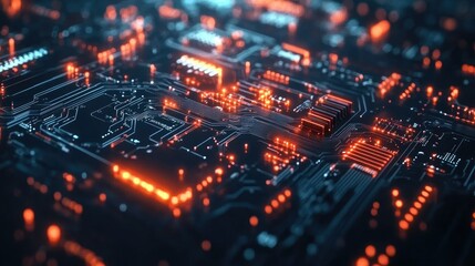 Fototapeta premium Glowing circuitry pattern with dynamic digital waves on a modern tech process background