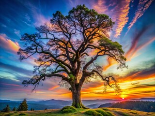 Obraz premium Moss-Covered Tree Silhouette at Dusk - Nature's Tranquility and Beauty