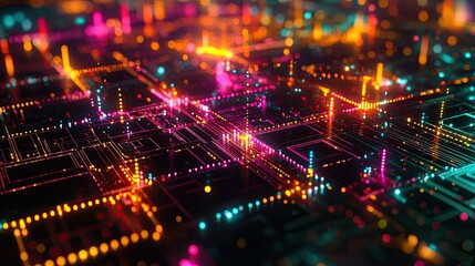 Fototapeta premium Glowing data nodes interconnected by neon light streams, floating on a tech background