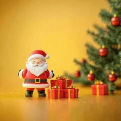 3D Cheerful Santa with Christmas Gifts and Tree Decor