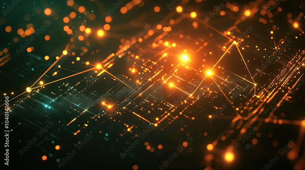 Poster glowing geometric shapes and data nodes interconnected on a dark tech background