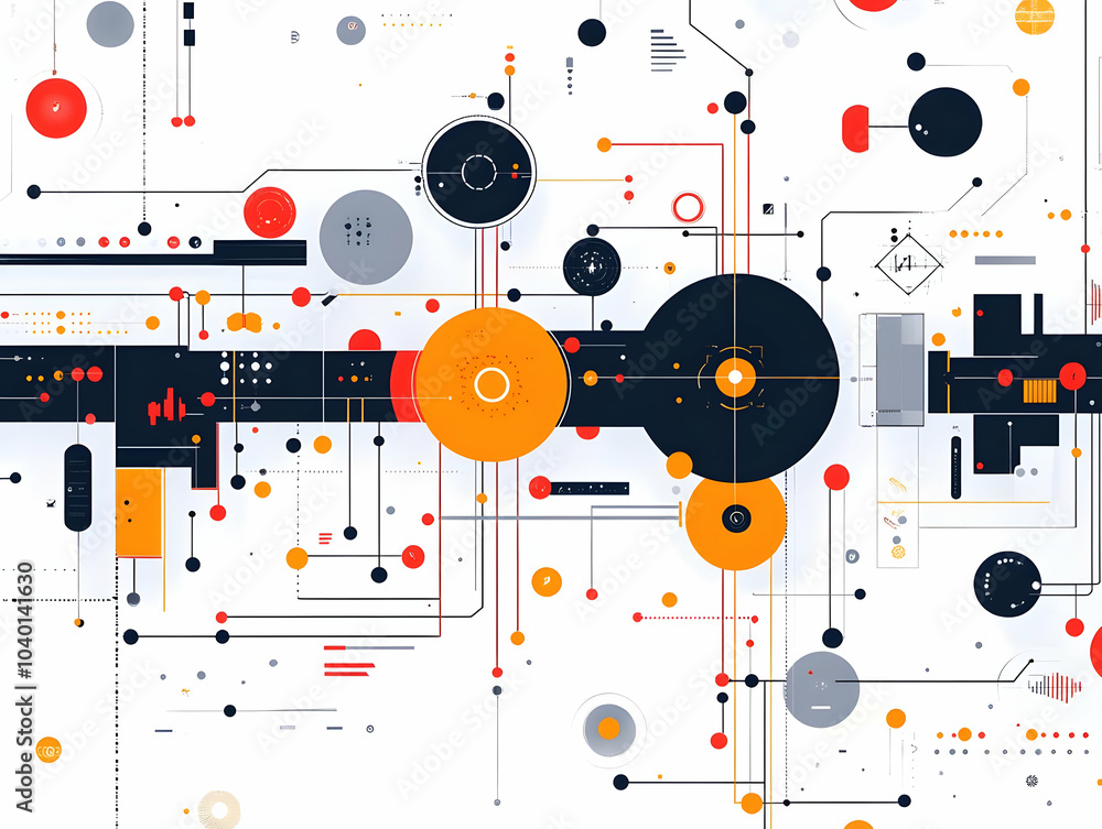 Poster flat quantum entangled supply chain concept illustration - split screen close-up of quantum particle