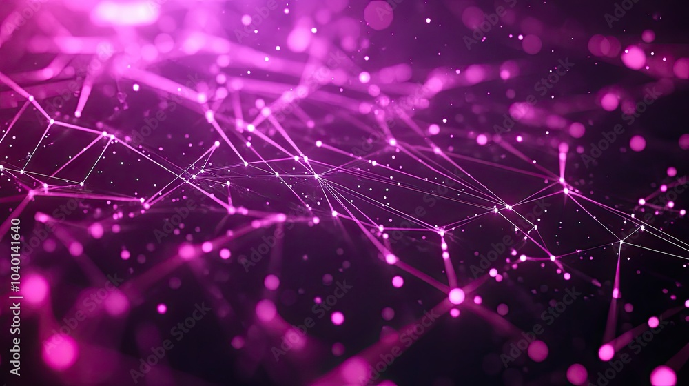 Poster glowing geometric shapes connected by data lines on a modern tech process background