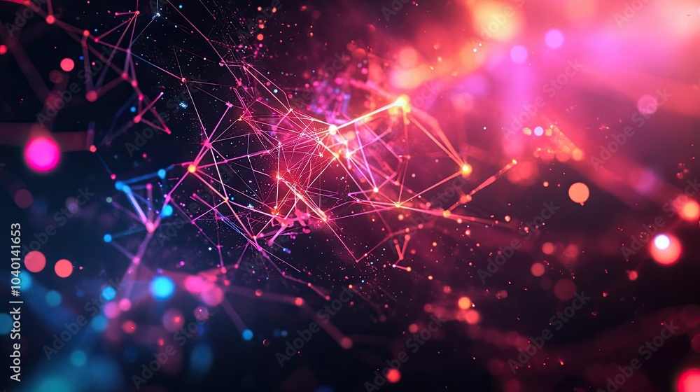 Poster glowing geometric shapes and data nodes interconnected on a dark tech background