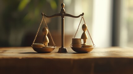 Financial inequality. Male and female figures with different amount of coins showing imbalance on scales on wooden table