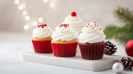 Festive cupcakes adorned with holiday decorations