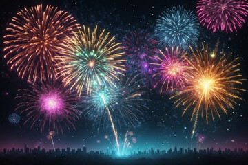 Colorful fireworks illuminate the sky over the city skyline on New Year’s Eve