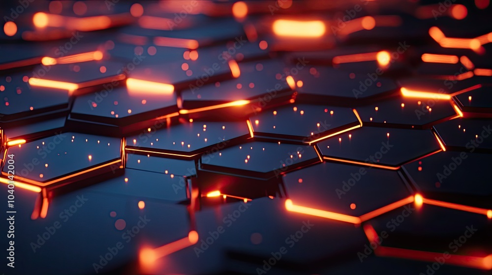 Poster glowing hexagonal patterns with data points floating in a digital space background