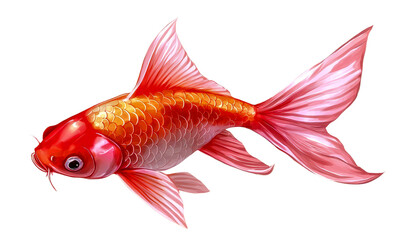 A vibrant goldfish swimming gracefully, showcasing its beautiful orange and white scales, against a white isolated background.