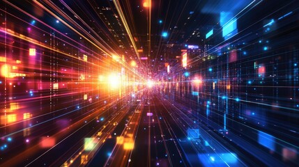 Obraz premium Glowing light beams and floating digital shapes on a futuristic background