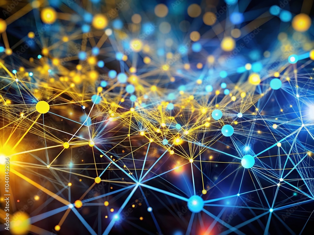 Aufkleber multi-color network of connected yellow and blue lines with bokeh effect for dynamic visuals