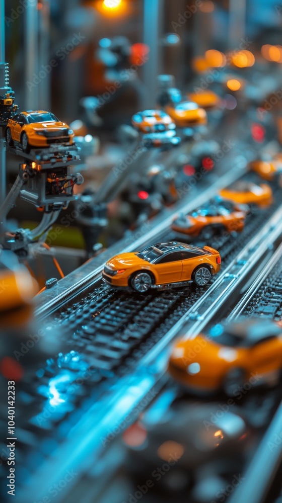 Poster miniature robots working together to construct colorful toy cars on a bustling conveyor belt in a vi