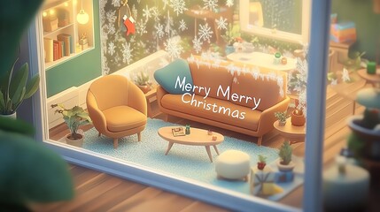 A snowy windowpane with frost patterns and "Merry Christmas" written in condensation, overlooking a cozy, warmly lit living room