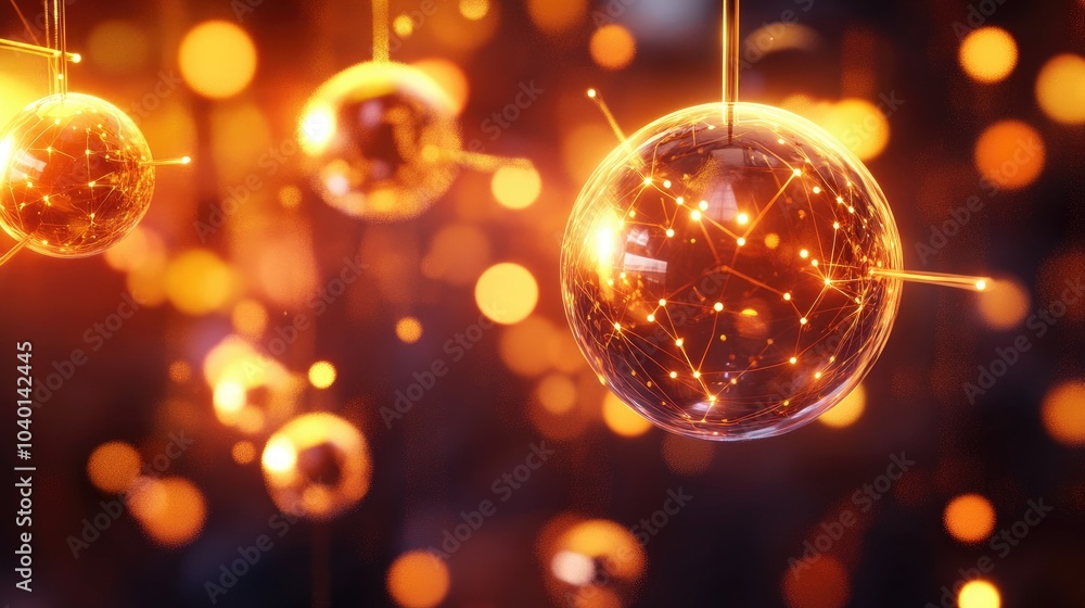 Poster glowing spheres connected by light streams, floating on a digital process background