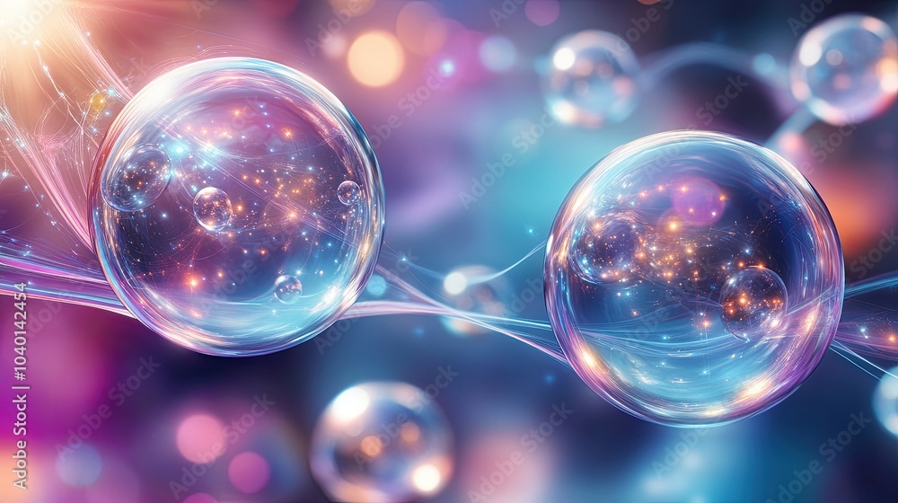 Aufkleber glowing spheres connected by light streams, floating on a digital process background