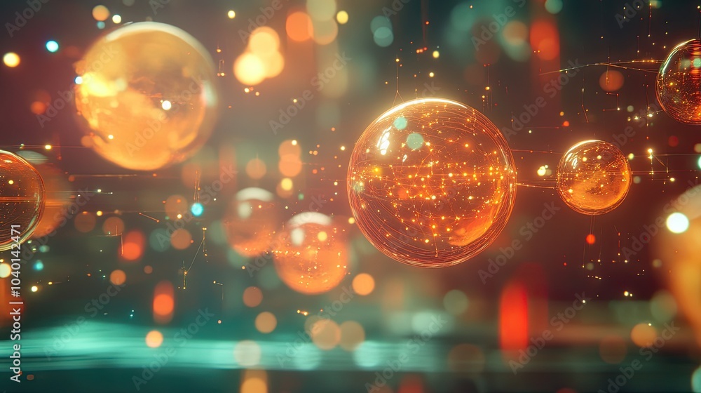 Poster glowing spheres connected by light streams, floating on a digital process background