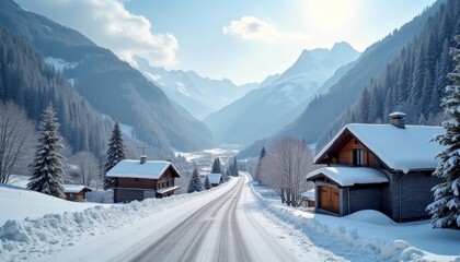  Snowy mountain village serene winter landscape