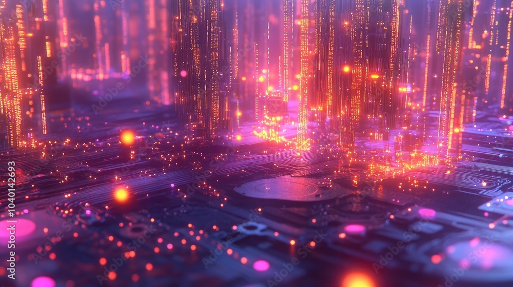 Poster high-tech circuitry design with glowing data points and digital streams