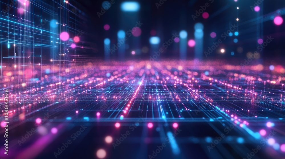 Poster high-tech circuitry design with glowing data points and digital streams