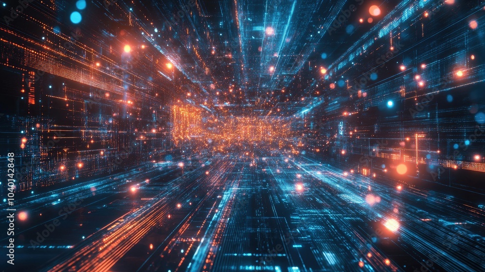 Poster high-tech circuitry design with glowing data points and digital streams